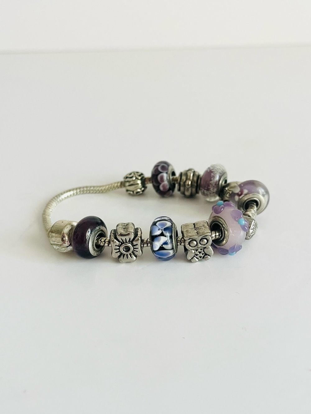 925 Sterling Silver Purple Glass Bead Charm Bracelet 20cm